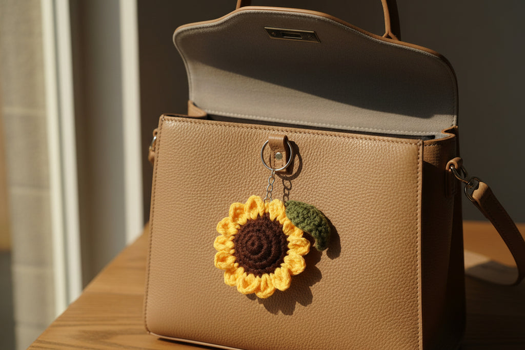 Handmade Crochet Sunflower Keychain | Floral Bag Charm & Key Holder