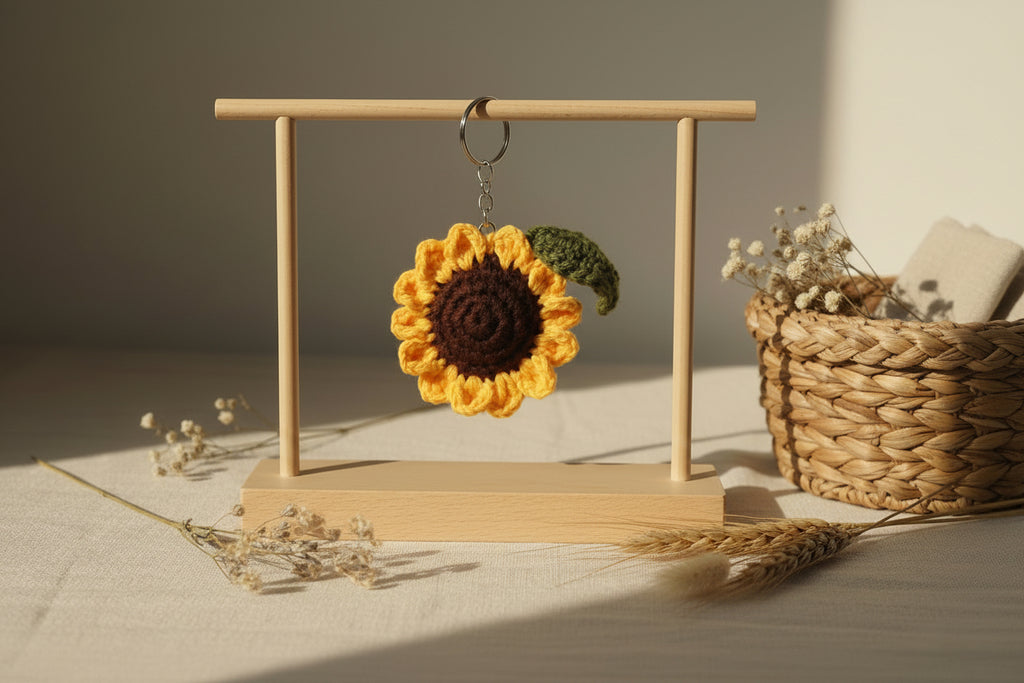 Handmade Crochet Sunflower Keychain | Floral Bag Charm & Key Holder
