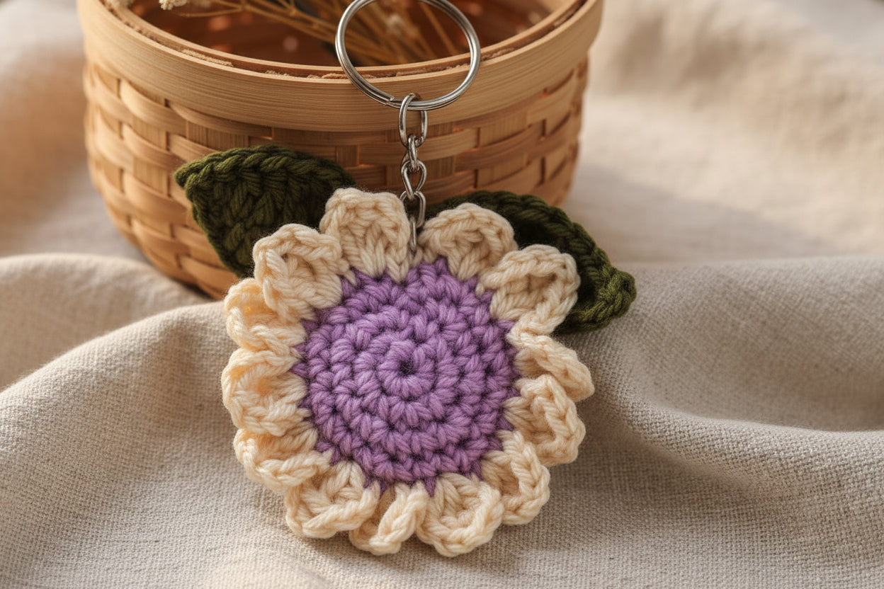 Handmade Crochet Floral Keychain | Pastel Flower Bag Charm & Key Holder