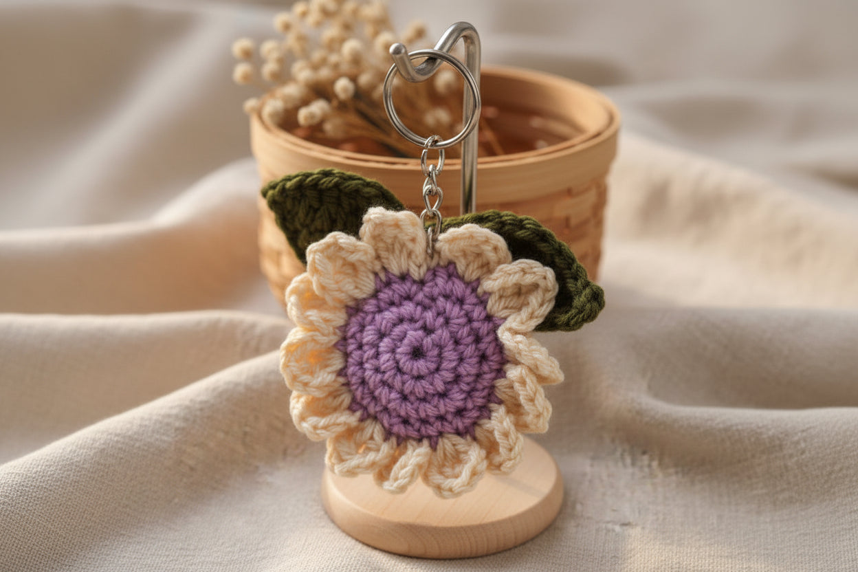 Handmade Crochet Floral Keychain | Pastel Flower Bag Charm & Key Holder