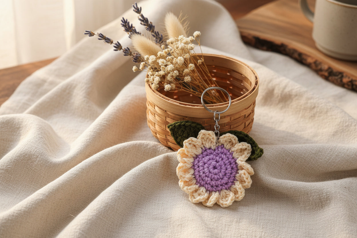 Handmade Crochet Floral Keychain | Pastel Flower Bag Charm & Key Holder
