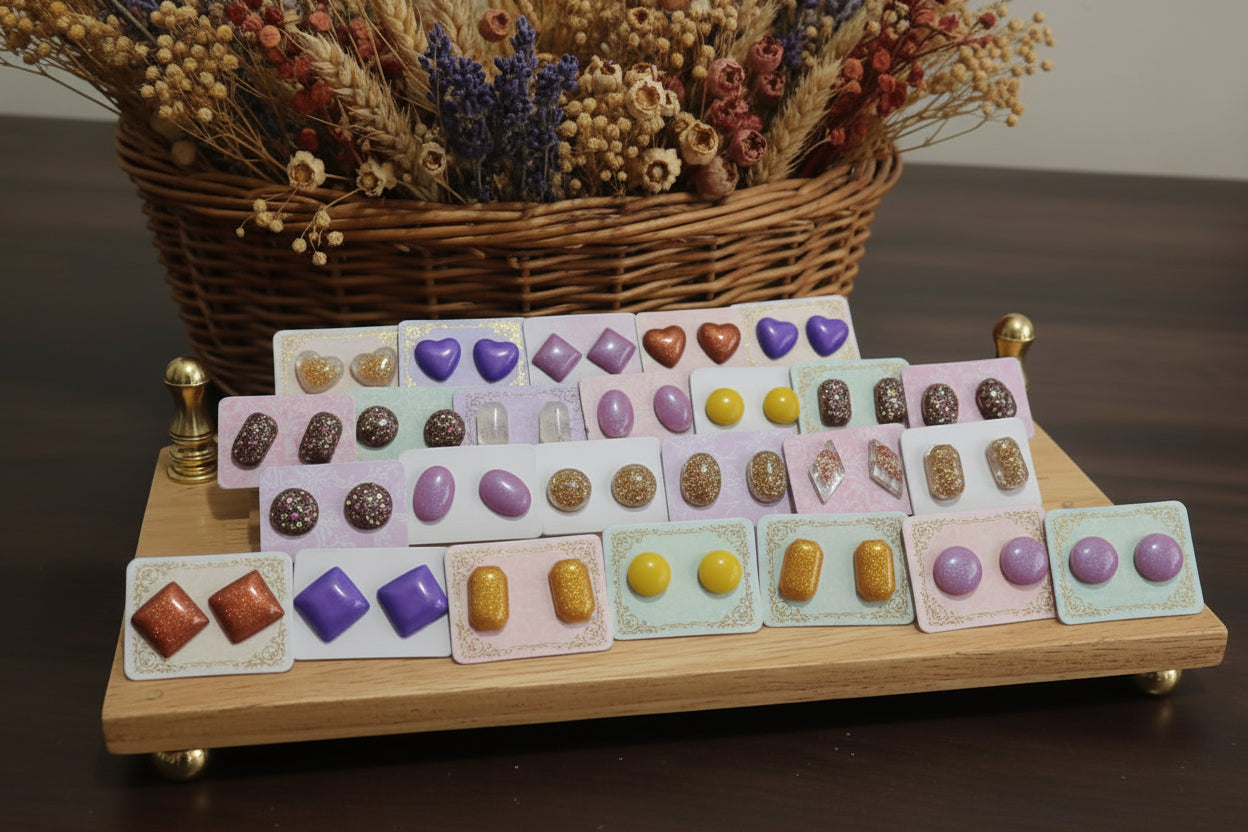 ✨ Handcrafted Resin Stud Earrings Set | Glitter Finish | Assorted Shapes & Colours ✨