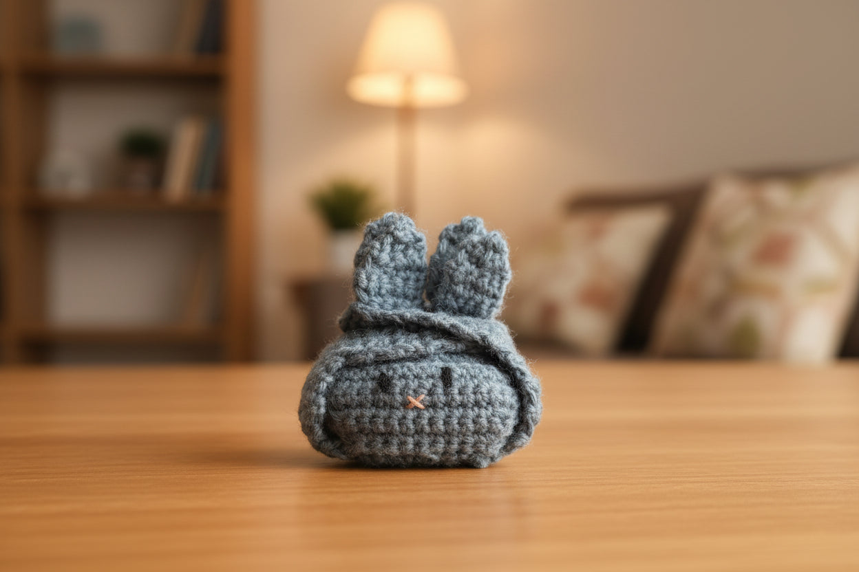 Handcrafted Bunny Crochet Mini Pouch – Grey Edition