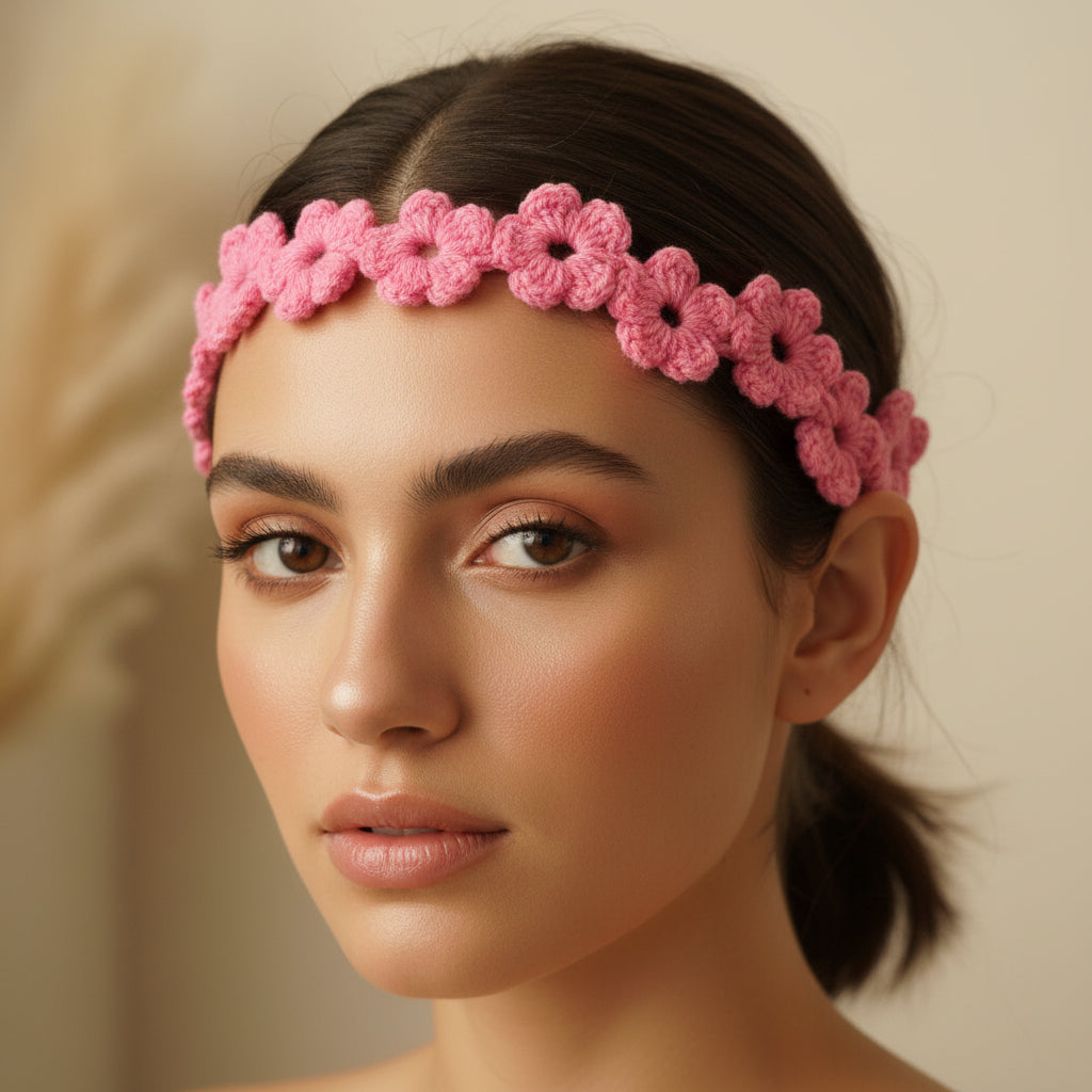 Handmade Crochet Floral Hairband | Pink Flower Tie-Up Hair Accessory