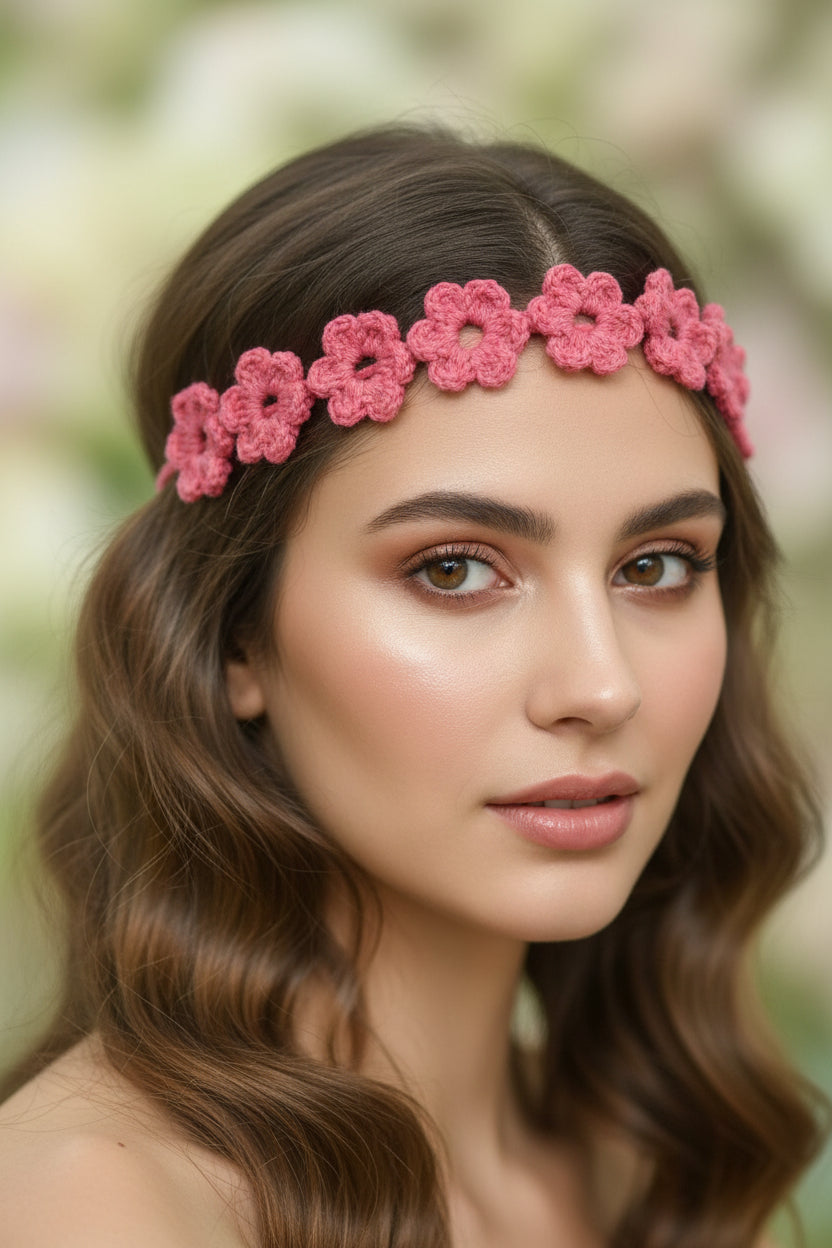 Handmade Crochet Floral Hairband | Pink Flower Tie-Up Hair Accessory