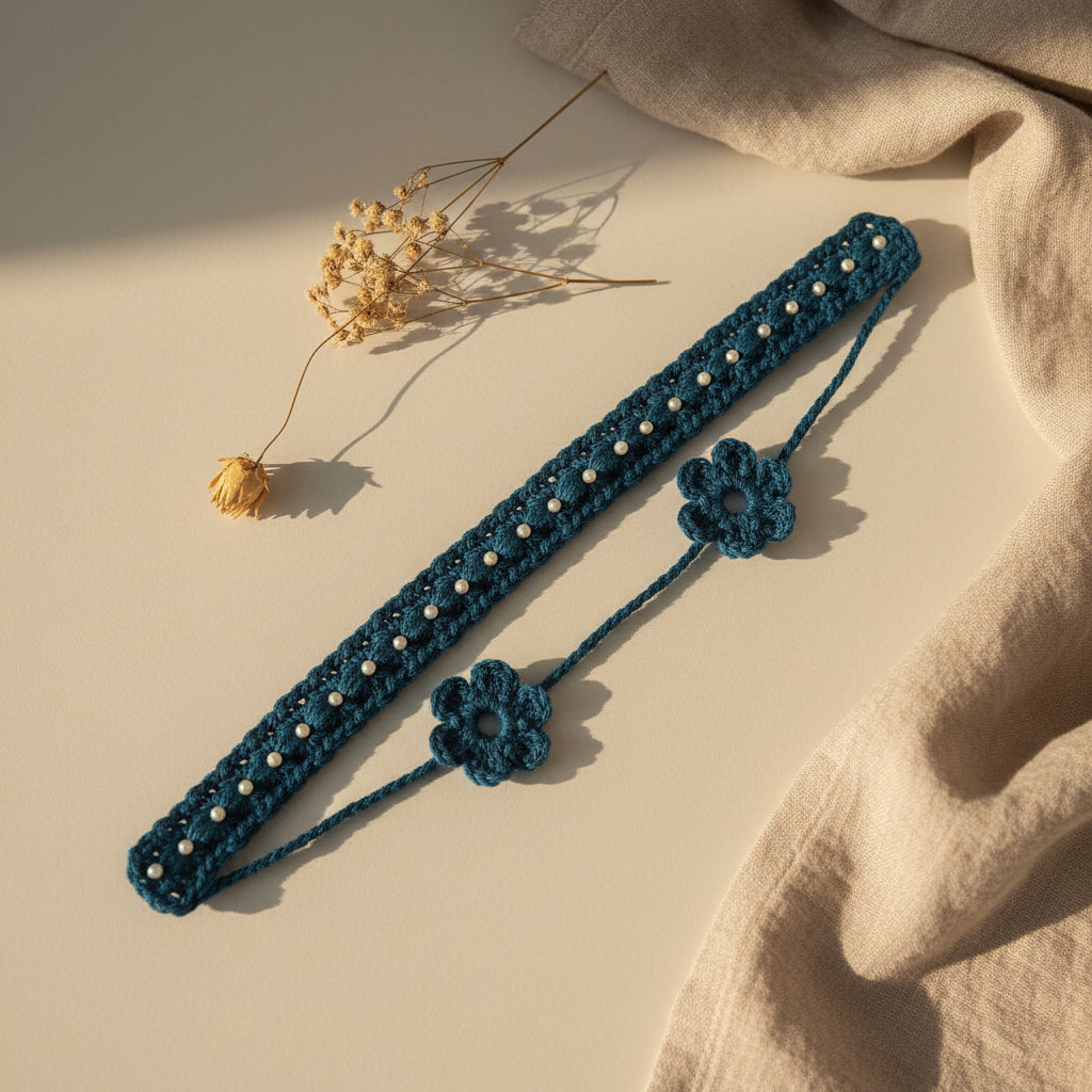 Handmade Crochet Blue Hairband | Adjustable Floral Tie-Up Hair Accessory