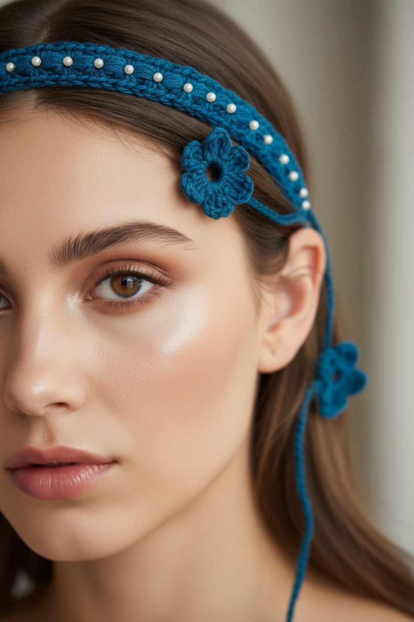 Handmade Crochet Blue Hairband | Adjustable Floral Tie-Up Hair Accessory
