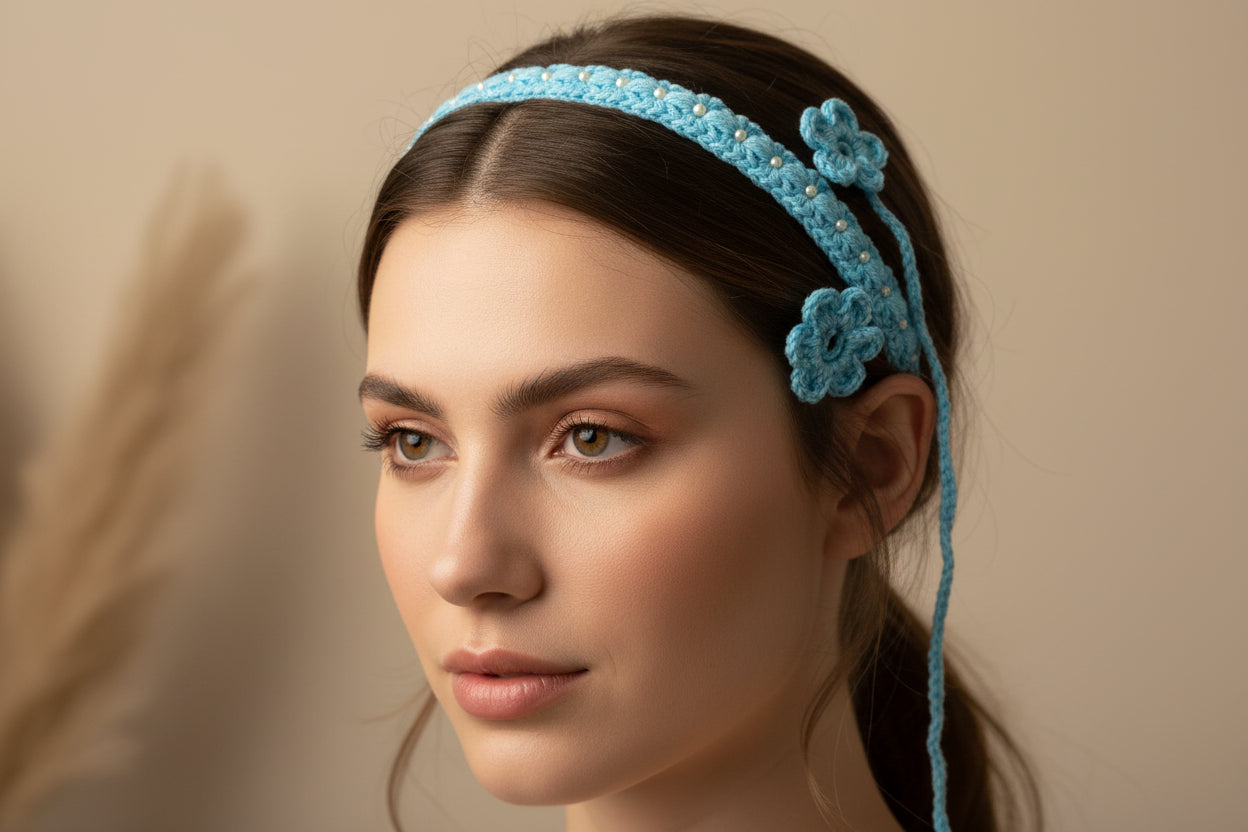 Handmade Crochet Blue Hairband | Adjustable Floral Tie-Up Hair Accessory