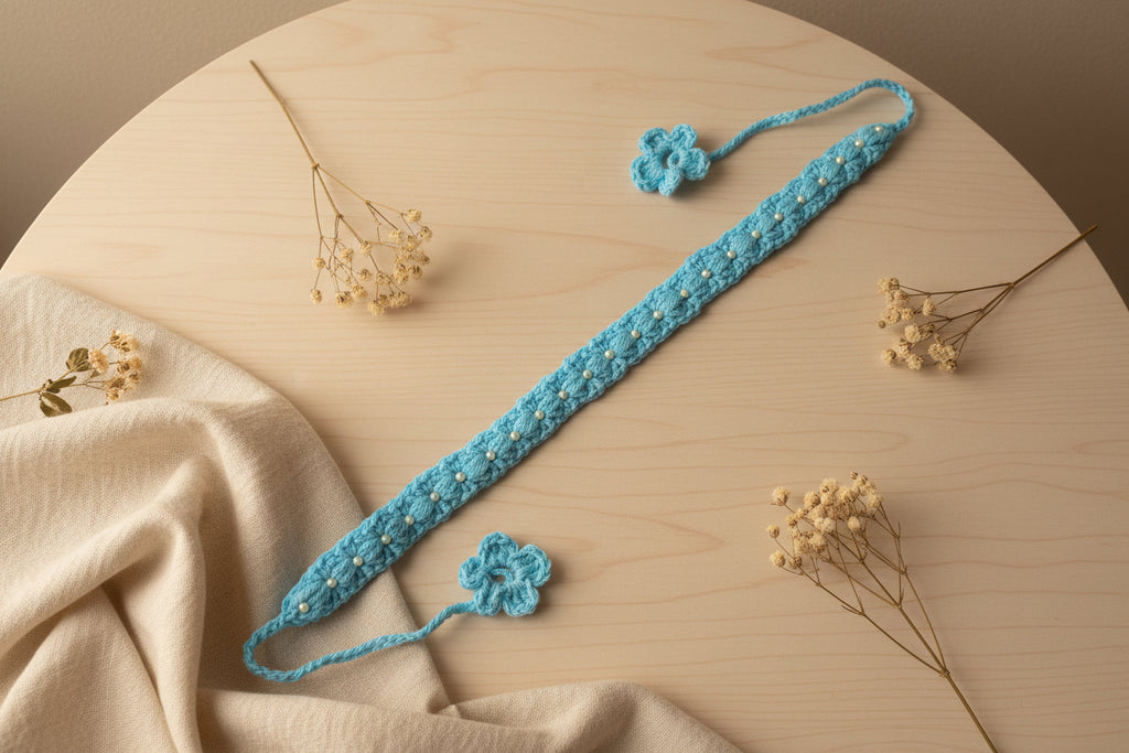 Handmade Crochet Blue Hairband | Adjustable Floral Tie-Up Hair Accessory