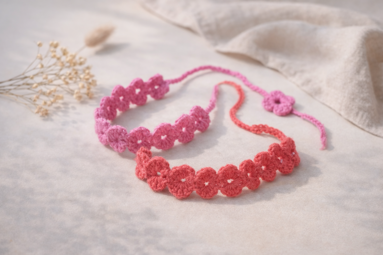 Handmade Crochet Floral Hairband | Pink Flower Tie-Up Hair Accessory