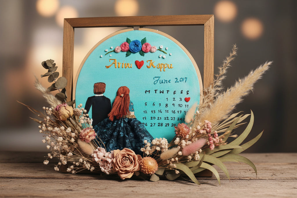 🧵💑 Personalized Embroidered Hoop Art – Couple Calendar Keepsake