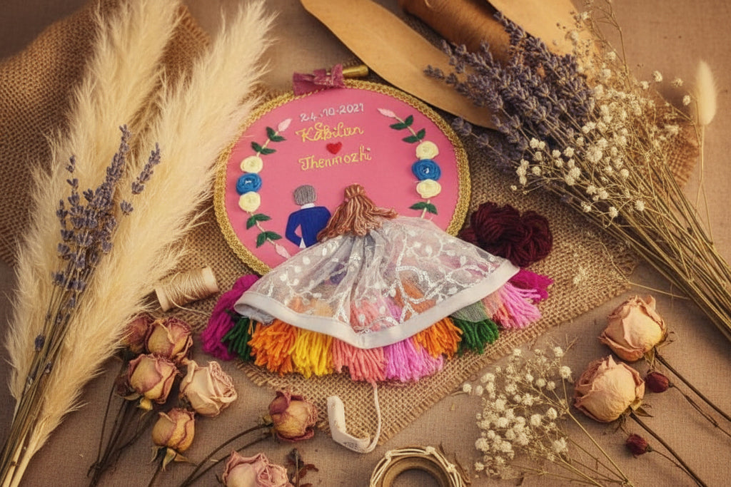 🧵💑 Personalized Embroidered Hoop Art – Couple Calendar Keepsake