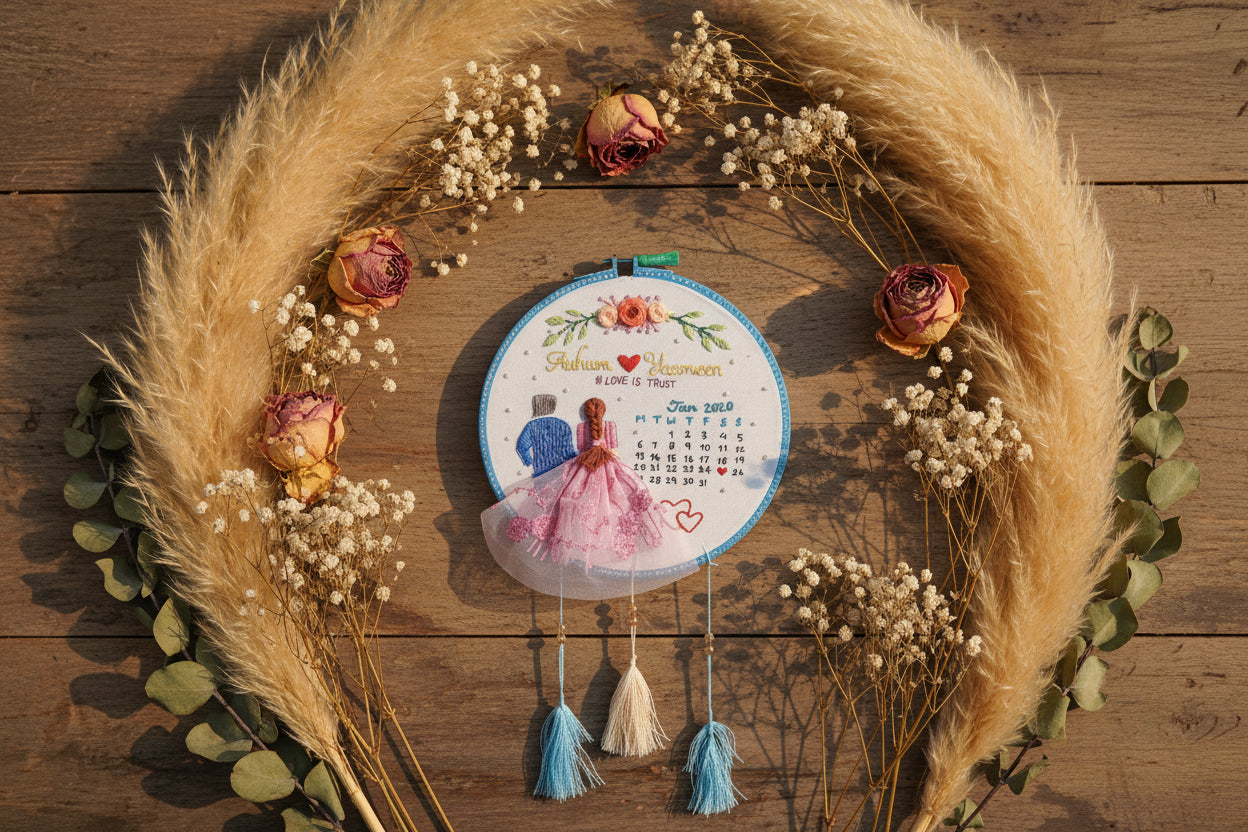 🧵💑 Personalized Embroidered Hoop Art – Couple Calendar Keepsake