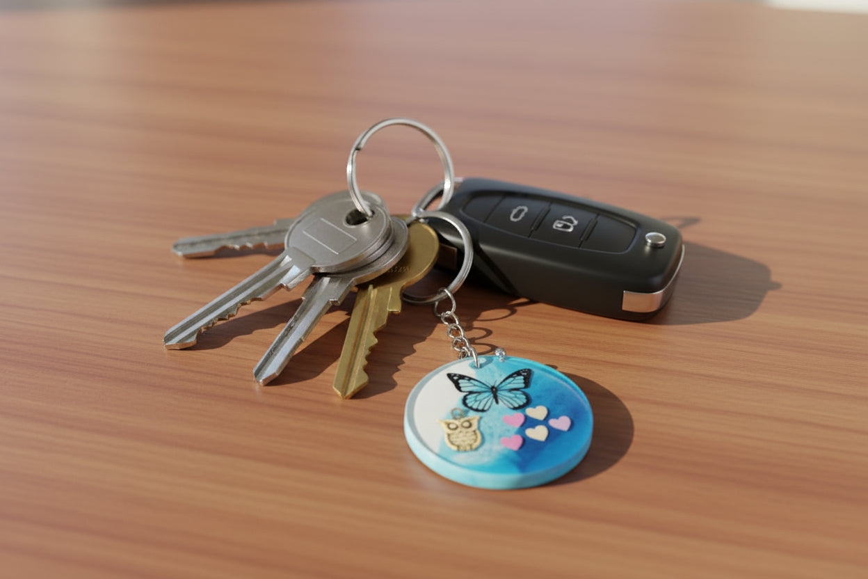 Handmade Resin Butterfly Keychain | Cute Heart Charm with Owl Accent