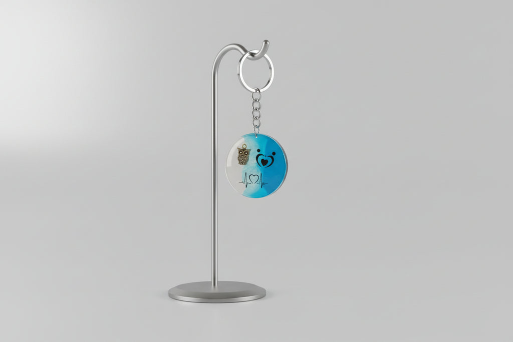 Handcrafted Owl & Heart Resin Keychain – Blue & White Artistic Design