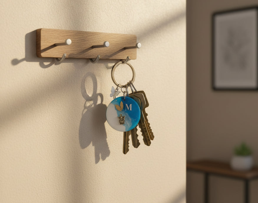 Personalized Alphabet Resin Keychain with Owl Charm – Blue & White