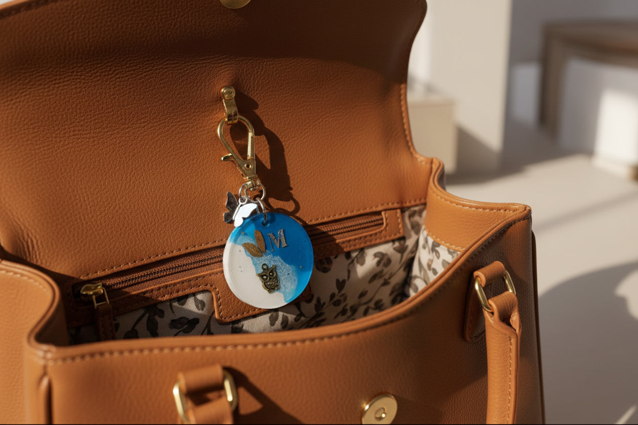 Personalized Alphabet Resin Keychain with Owl Charm – Blue & White