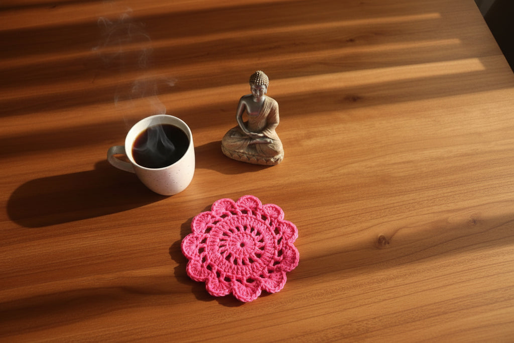 Handmade Crochet Floral Coffee Mug Mat – Hot Pink ☕🌸