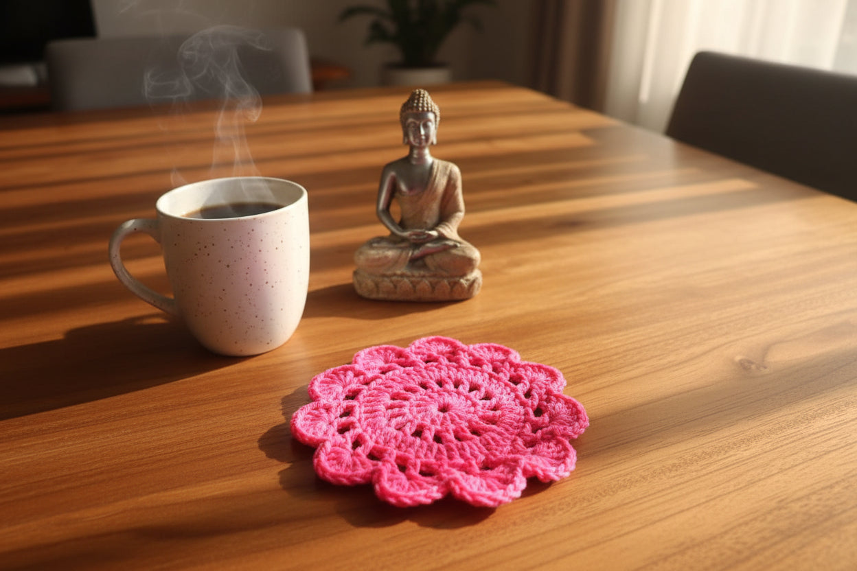 Handmade Crochet Floral Coffee Mug Mat – Hot Pink ☕🌸