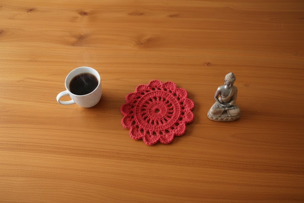 Handmade Crochet Floral Coffee Mug Mat – Red ☕🌺