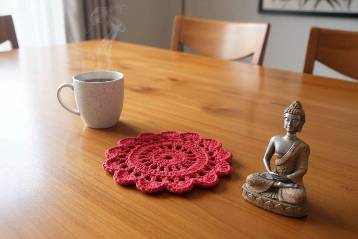 Handmade Crochet Floral Coffee Mug Mat – Red ☕🌺