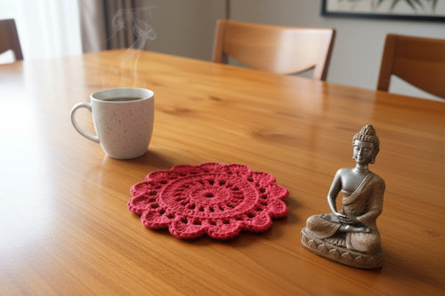 Handmade Crochet Floral Coffee Mug Mat – Red ☕🌺