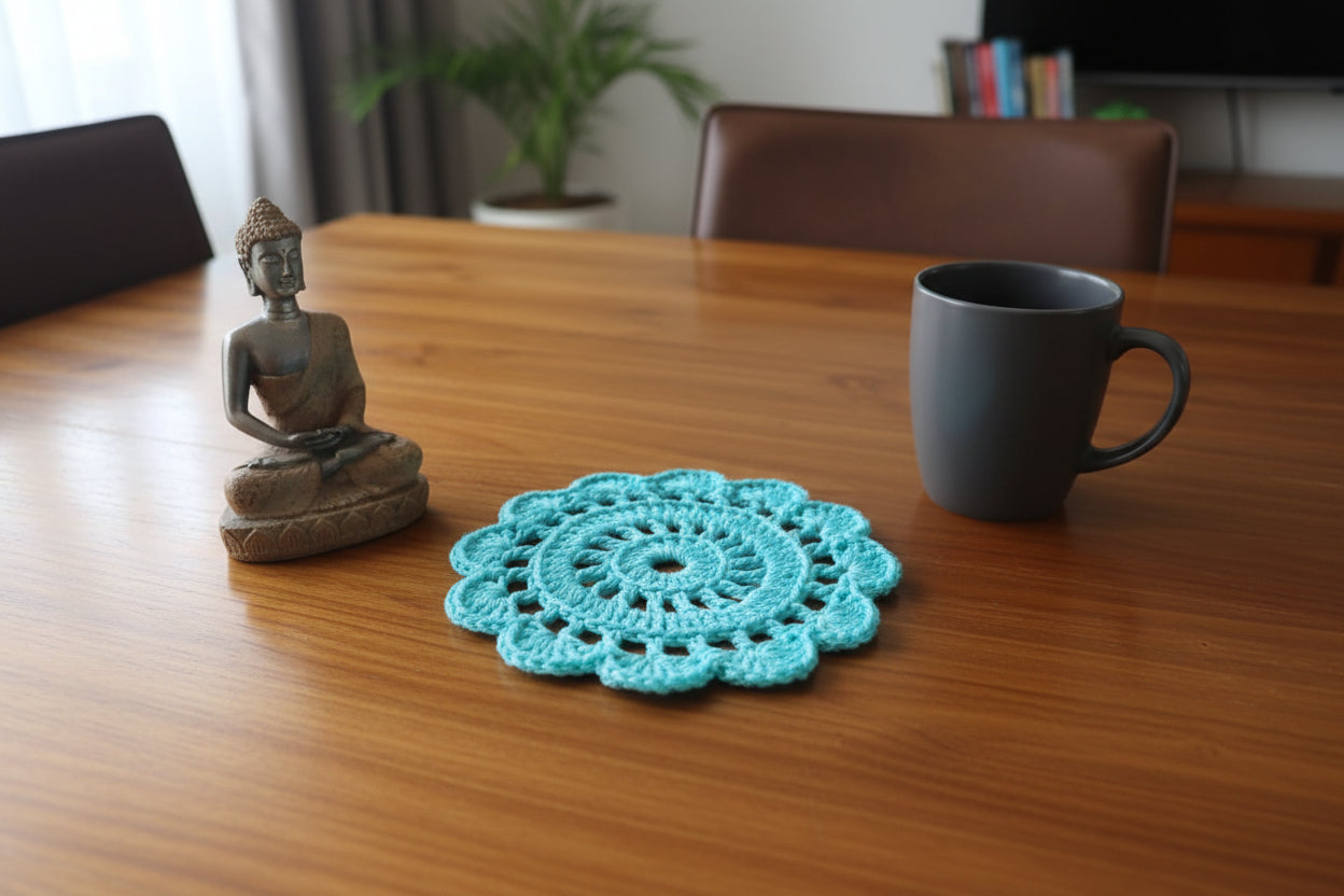 Handmade Crochet Floral Coffee Mug Mat – Turquoise Blue ☕🌊