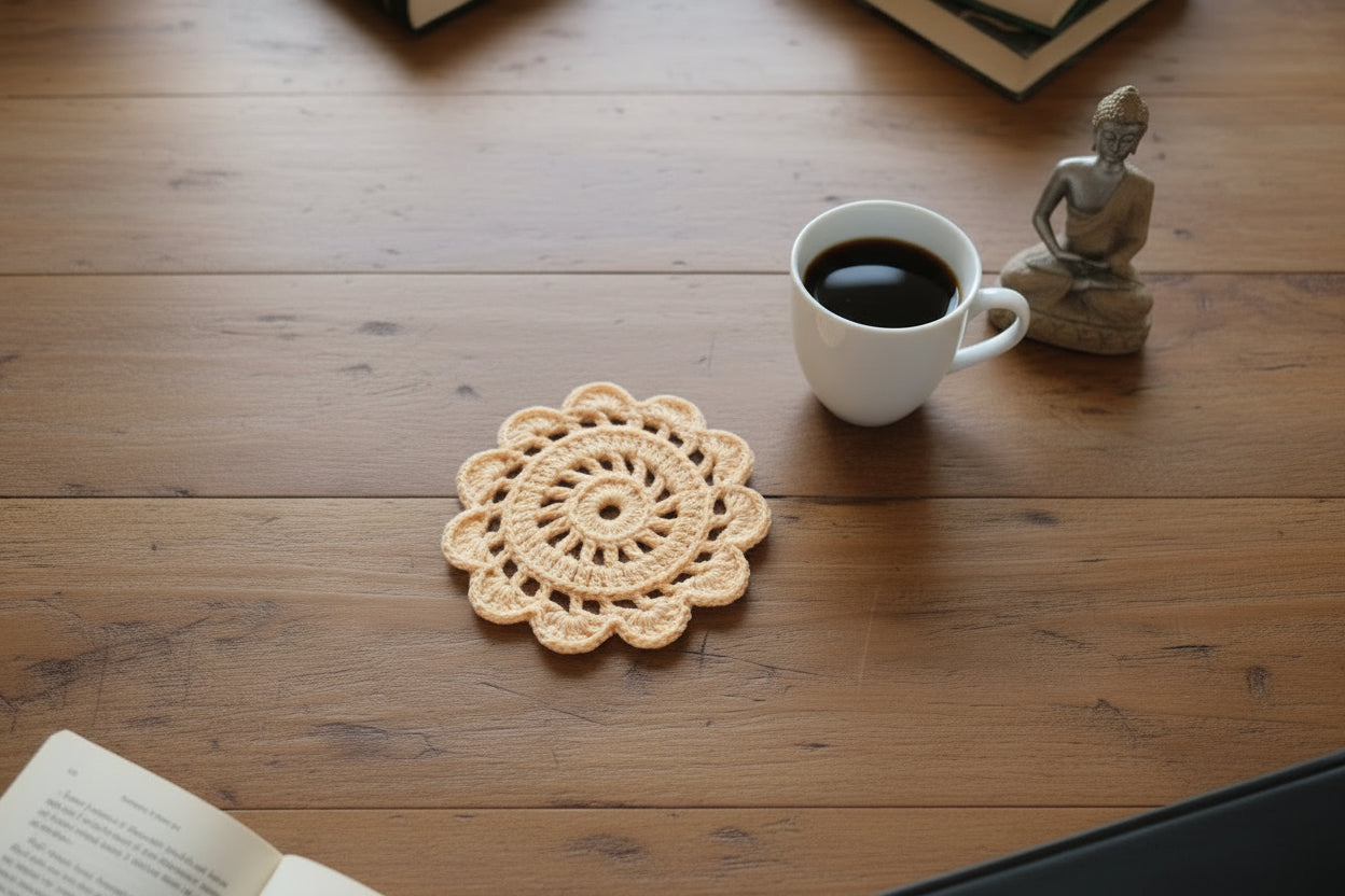 Handmade Crochet Floral Coffee Mug Mat – Peach ☕🍑