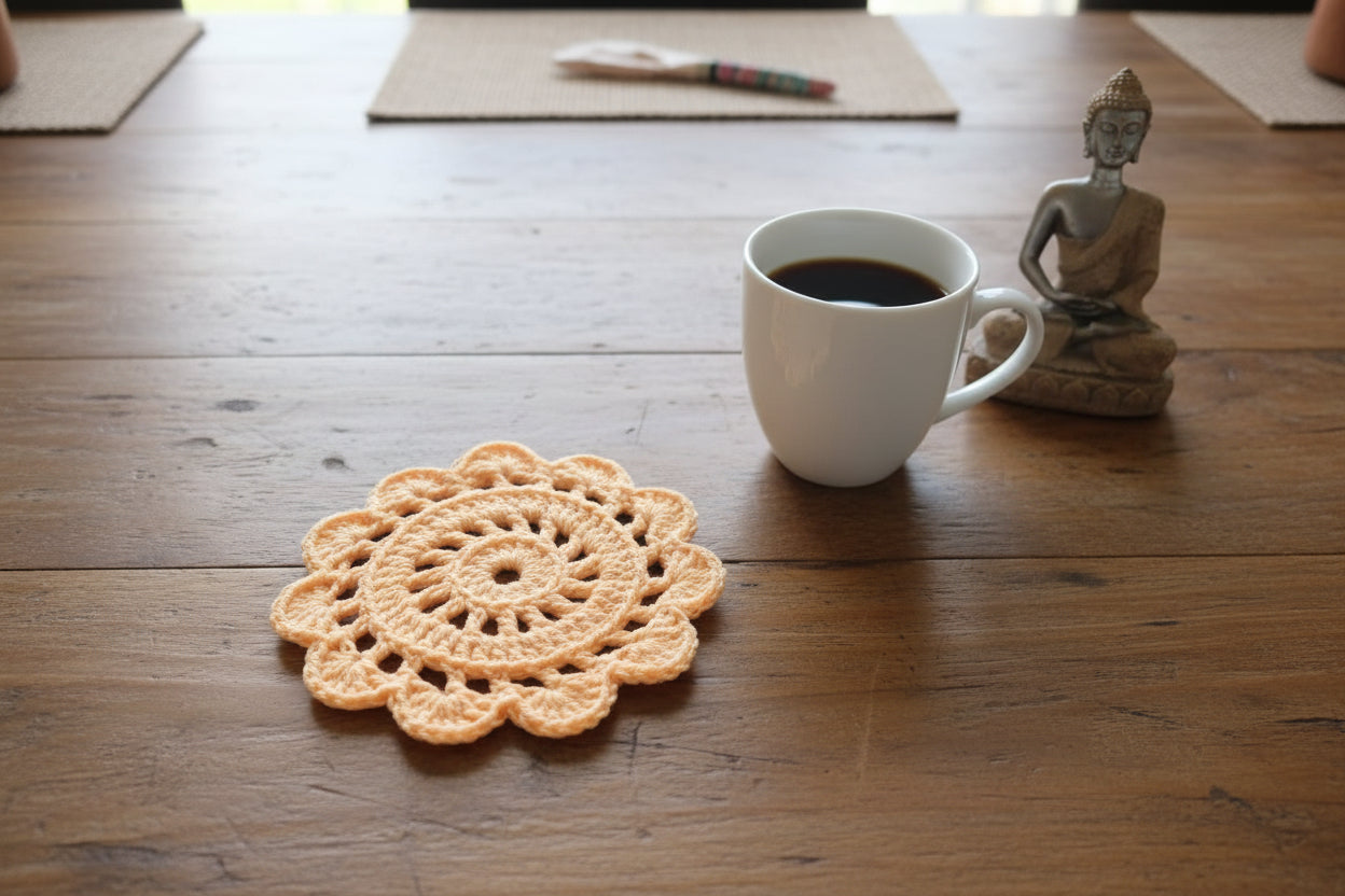 Handmade Crochet Floral Coffee Mug Mat – Peach ☕🍑