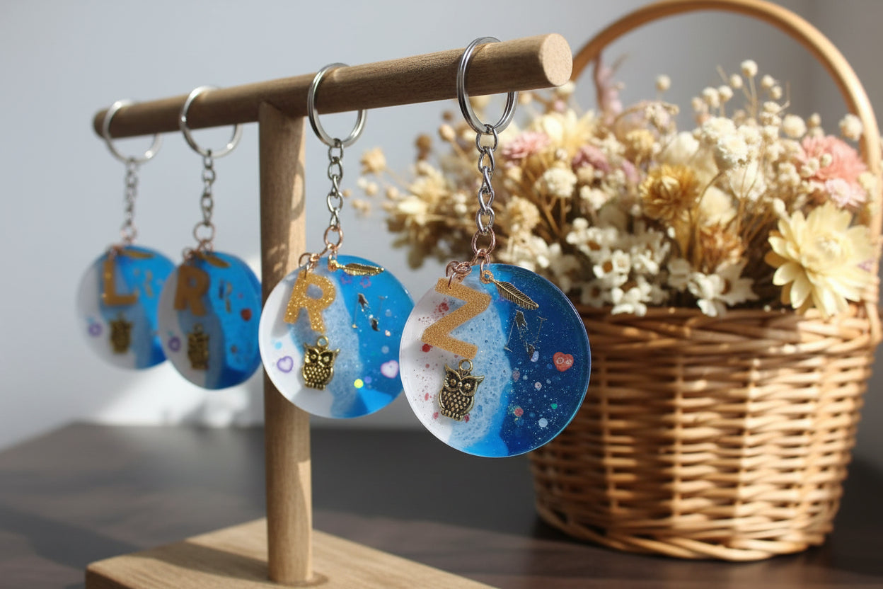 Personalized Alphabet Resin Keychain with Owl Charm – Blue & White