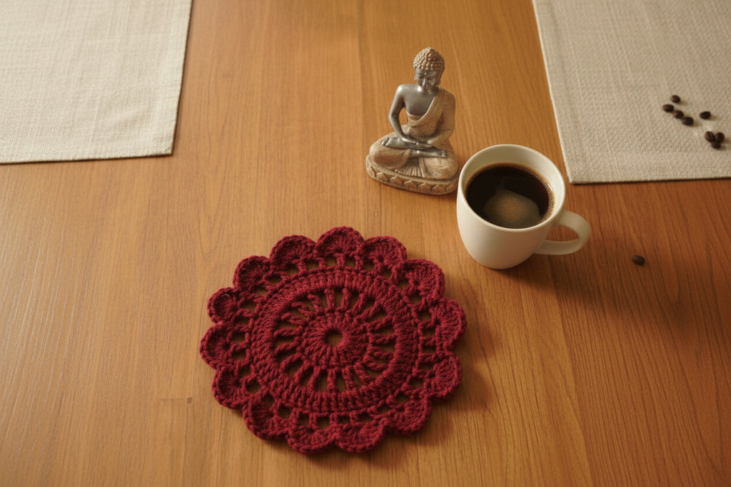 Handmade Crochet Floral Coffee Mug Mat – Maroon ☕🌺