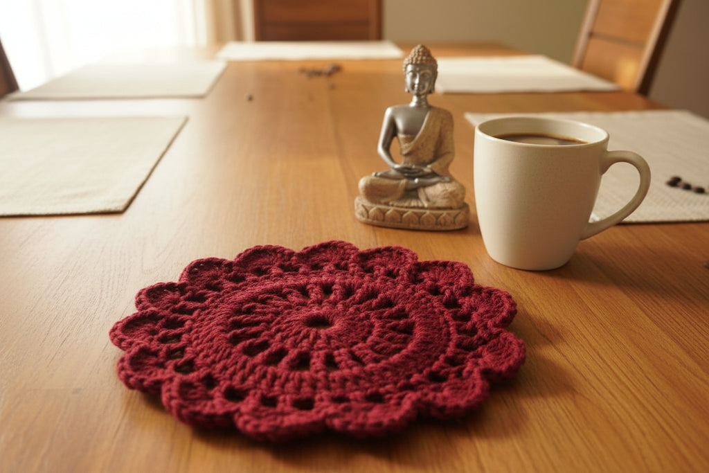 Handmade Crochet Floral Coffee Mug Mat – Maroon ☕🌺